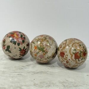 Set‎ of 3 Vintage Chinese Asian Painted Floral Crackle Carpet Balls Orbs Ceramic